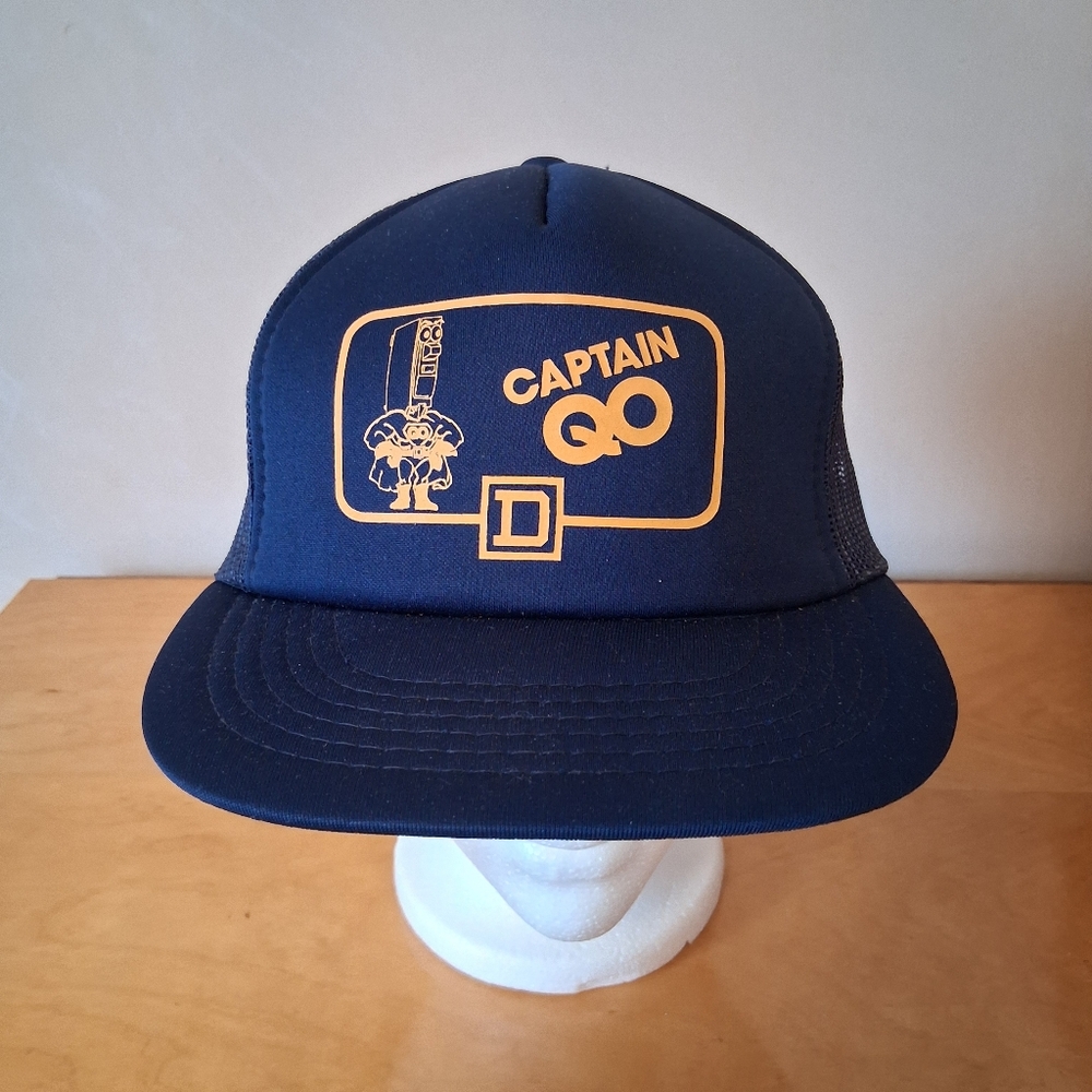 VTG 1980s Athletic Headwear Square D Captain QO Blue Trucker Hat Snapback Cap